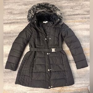 Laundry By Shelli Segal Black Puffer Coat with Faux Fur Trim